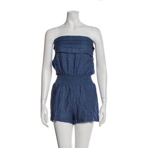 100% CAPRI Blue Strapless Romper Tube Dress Open Back Linen Jumpsuit Pleated Med